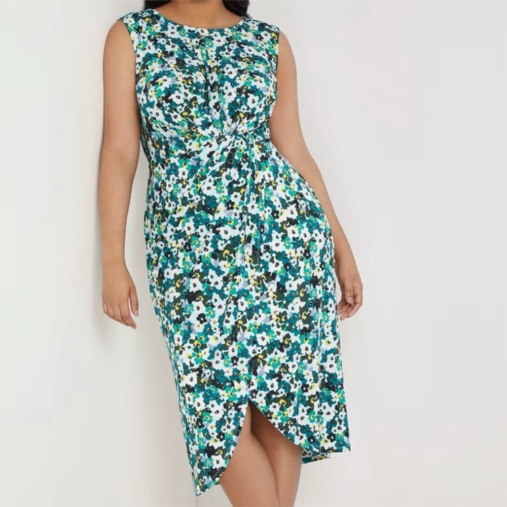 Eloquii Dress Floral Print Sleeveless Twist Tulip Skirt Green Size 28